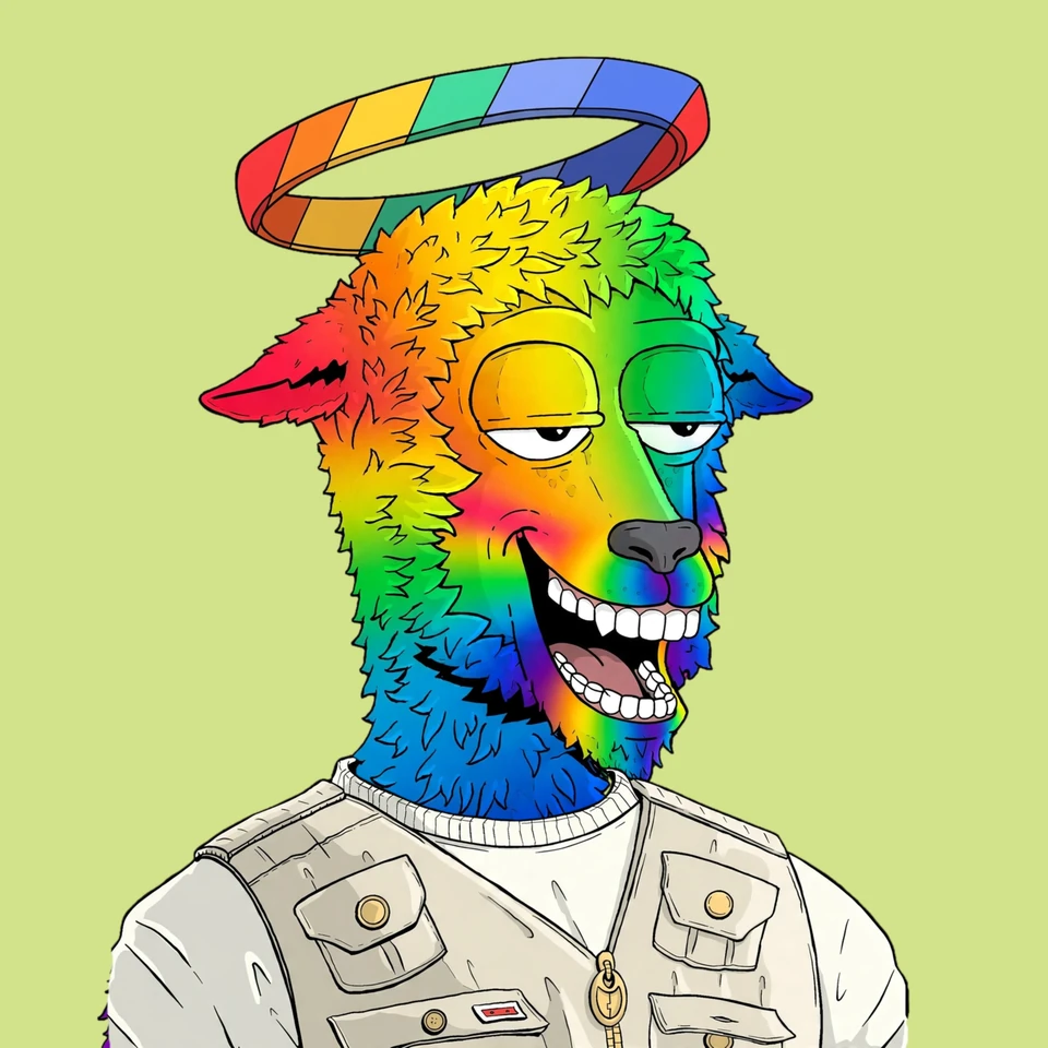 A smiling rainbow-furred g00t with a rainbow halo and a cream utility vest.